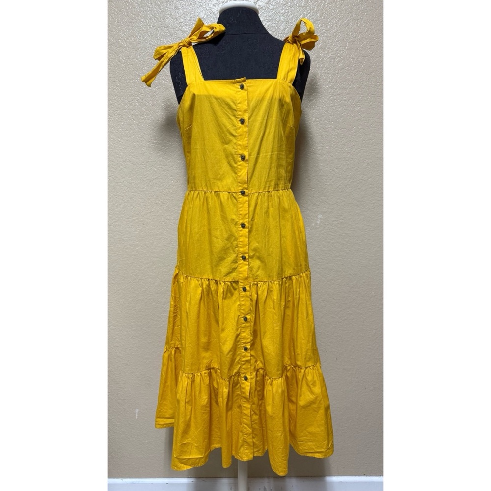 Who What Wear M Yellow Tiered Midi Dress 100% Cotton Square Neck Peasant Prairi